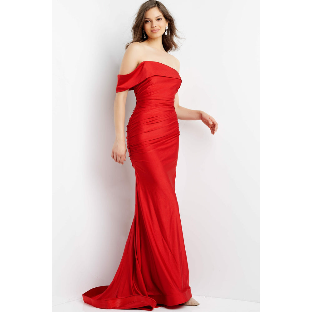 JVN by Jovani Evening Dresses JVN07640 Red Ruched Off the Shoulder Prom Dress