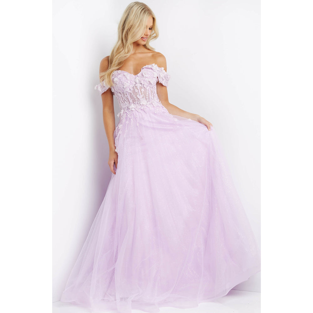 JVN by Jovani Evening Dresses JVN08295 Lilac Off the Shoulder Corset Bodice Prom Dress