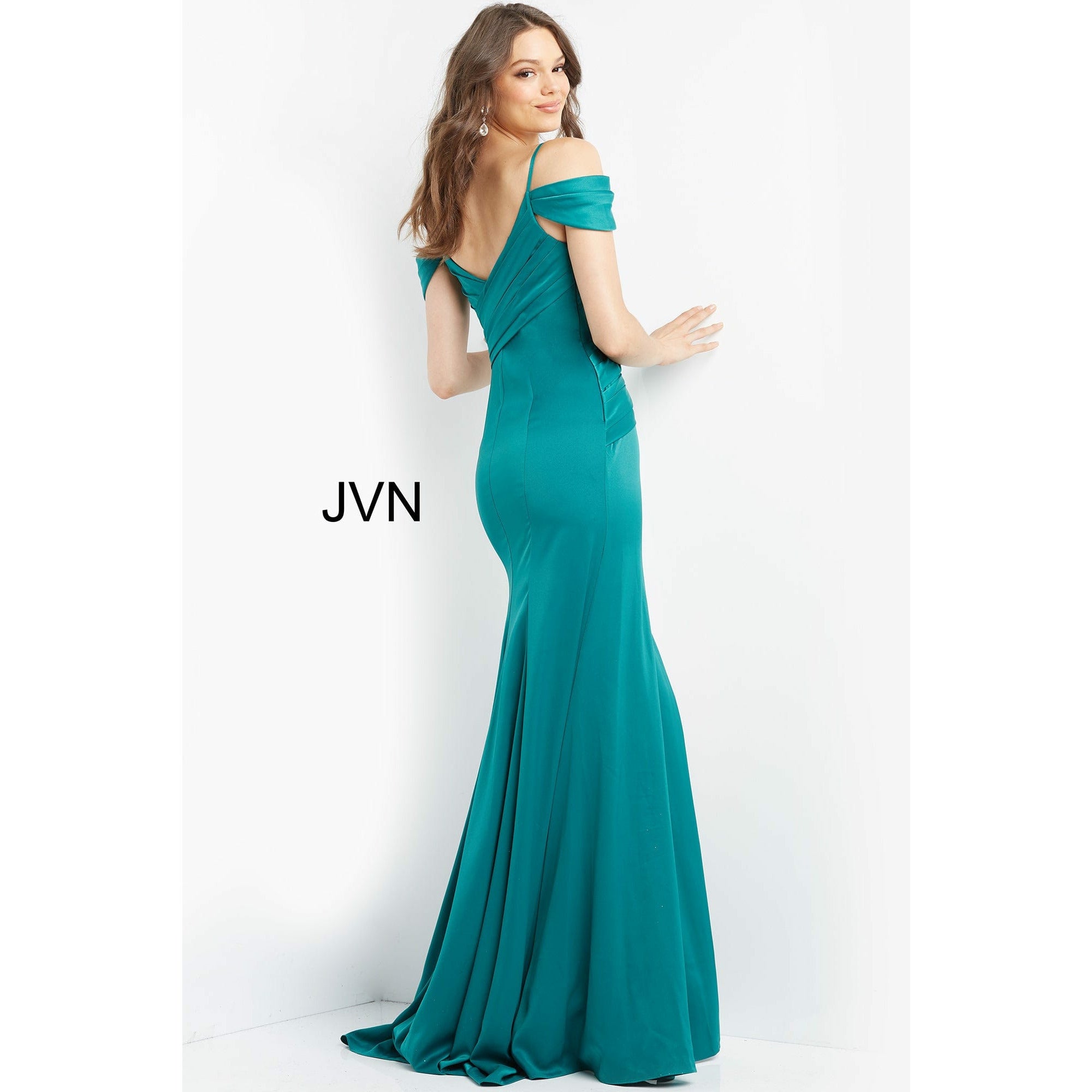 JVN by Jovani Evening Dresses JVN08414 Emerald Pleated Bodice V Neck Prom Dress