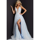 JVN by Jovani Evening Dresses JVN08421 Light Blue Embellished Sheer Bodice Prom Dress
