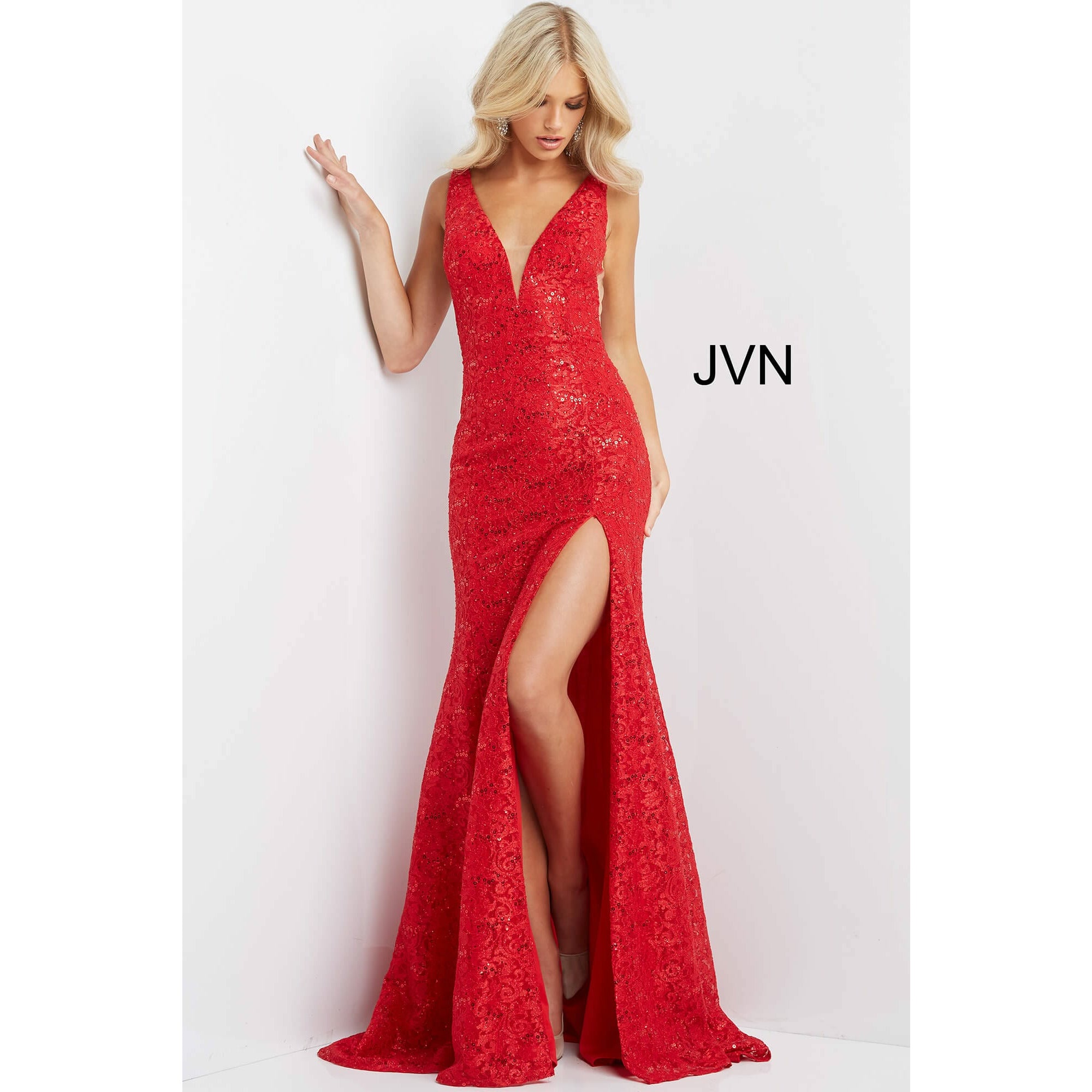 JVN by Jovani Evening Dresses JVN08512 Red Lace High Slit Sheath Prom Dress