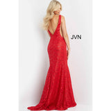 JVN by Jovani Evening Dresses JVN08512 Red Lace High Slit Sheath Prom Dress