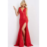 JVN by Jovani Evening Dresses JVN08512 Red Lace High Slit Sheath Prom Dress