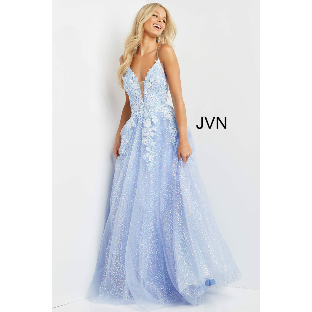 JVN by Jovani Evening Gowns JVN07252 Perriwinkle Floral Embellished A-Line Prom Gown