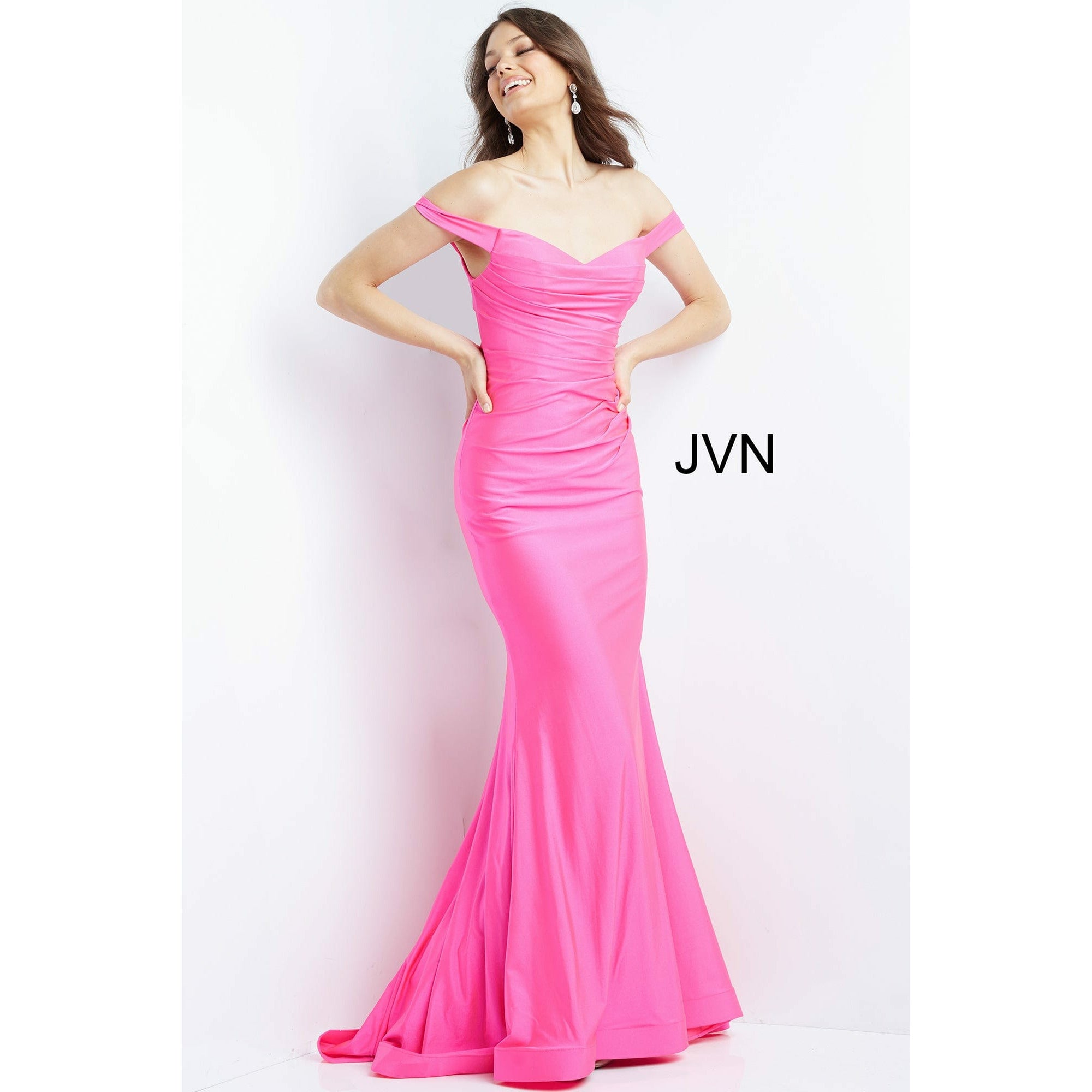 JVN by Jovani Evening Gowns JVN07639 Fuchsia Off The Shoulder Fitted Prom Gown