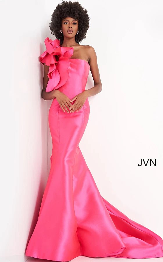 JVN by Jovani Prom Dress JVN00650 Fuchsia One Shoulder Mermaid Prom Dress