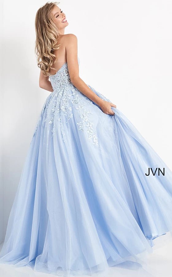 JVN by Jovani Prom Dress JVN00915 Light Blue Strapless Embroidered Prom Ballgown