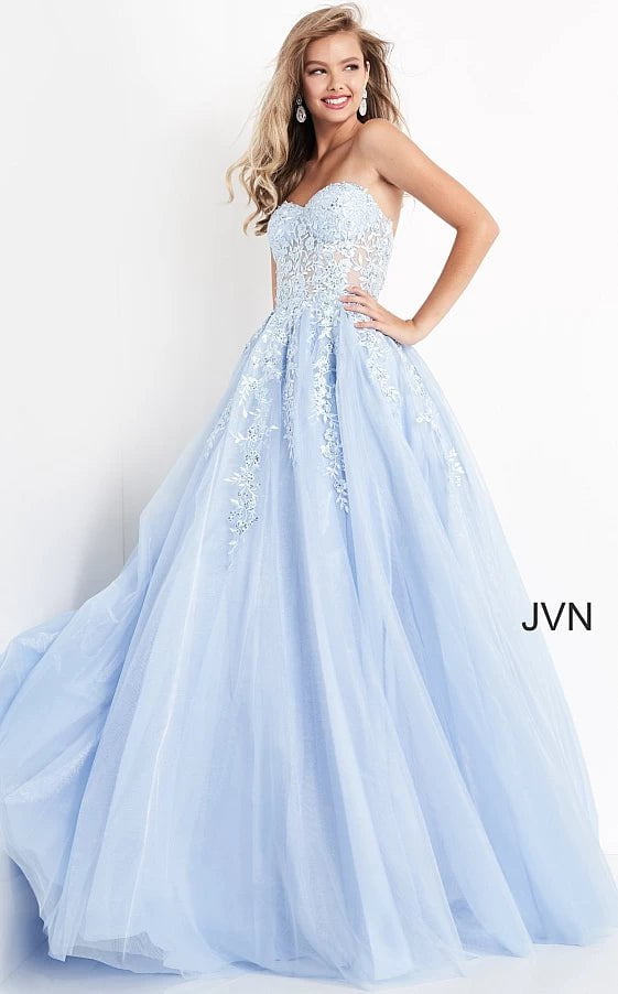 JVN by Jovani Prom Dress JVN00915 Light Blue Strapless Embroidered Prom Ballgown