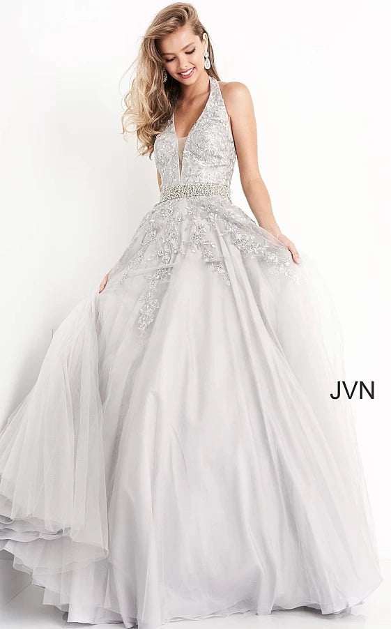 JVN by Jovani Prom Dress JVN00923 Embellished Belt V Neck Prom Ballgown