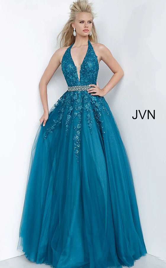 JVN by Jovani Prom Dress JVN00923 Embellished Belt V Neck Prom Ballgown