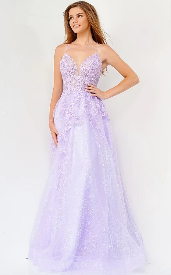 JVN by Jovani Prom Dress JVN02266 Lilac Embroidered Spaghetti Strap Prom Dress