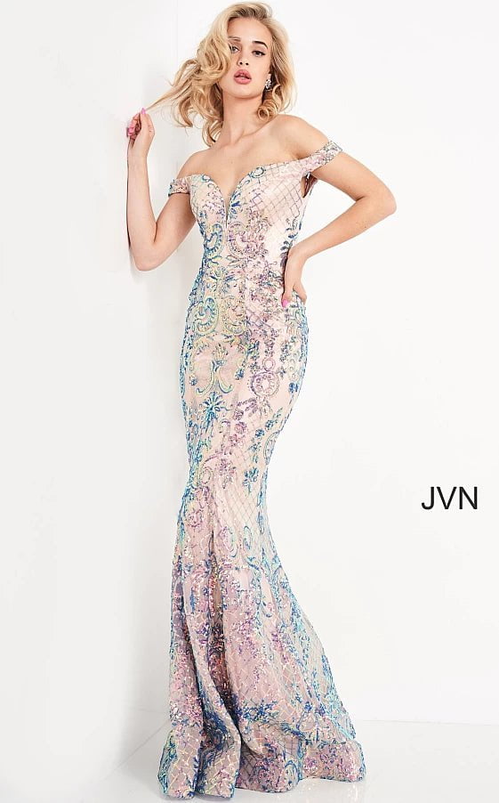 JVN by Jovani Prom Dress JVN04515 Black Multi Off the Shoulder Embellished Prom Dress