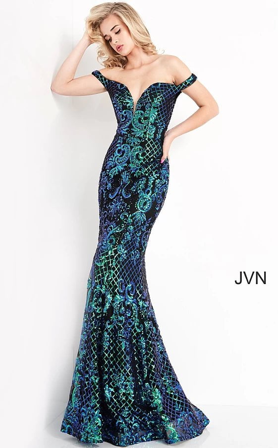 JVN by Jovani Prom Dress JVN04515 Black Multi Off the Shoulder Embellished Prom Dress