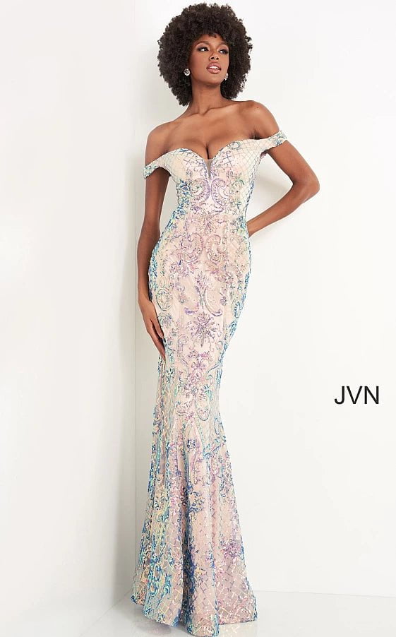 JVN by Jovani Prom Dress JVN04515 Black Multi Off the Shoulder Embellished Prom Dress