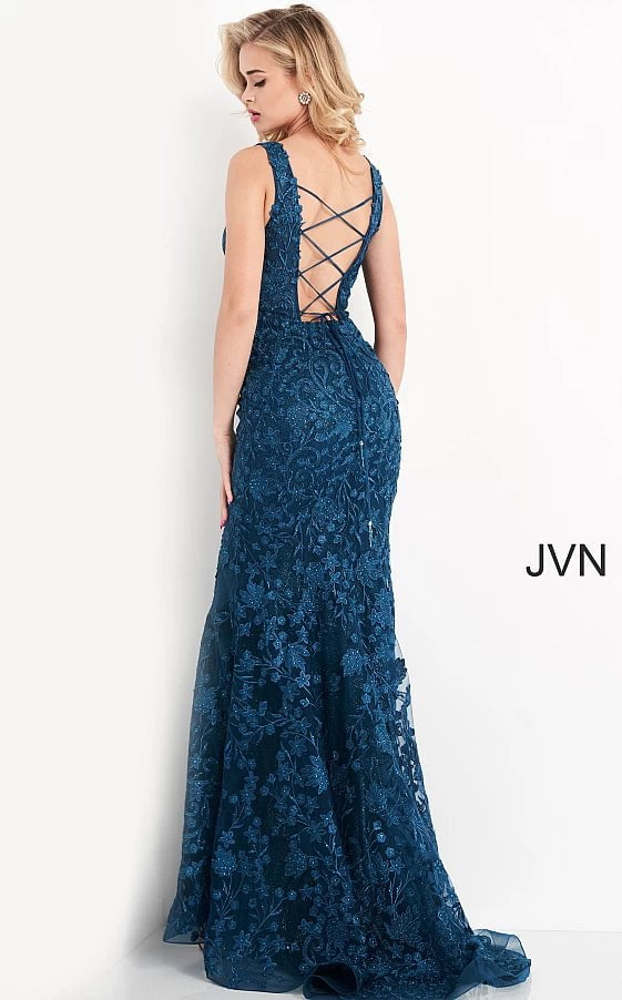 JVN by Jovani Prom Dress JVN04591 Teal Embroidered Plunging Neck Prom Dress