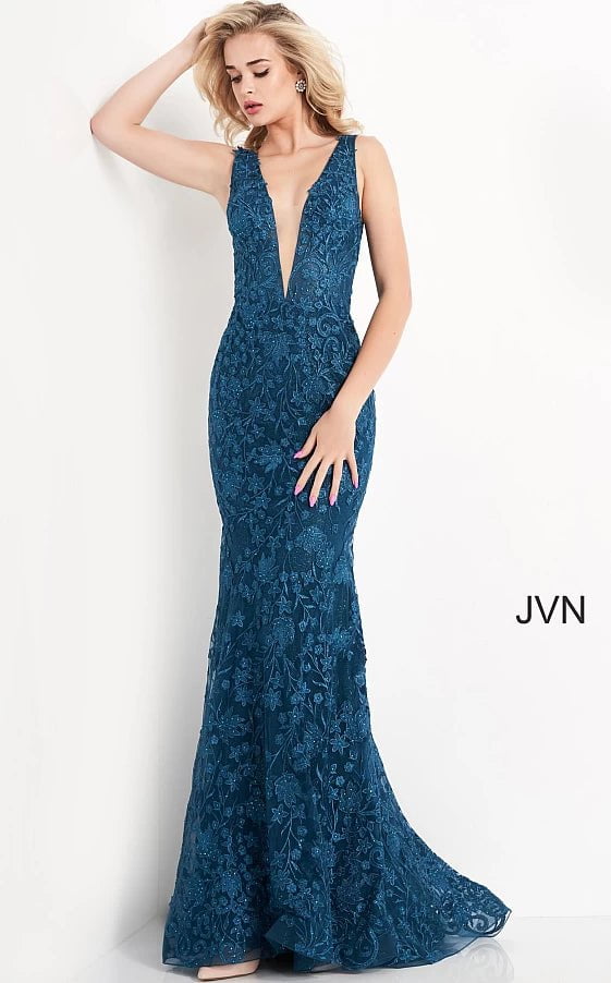 JVN by Jovani Prom Dress JVN04591 Teal Embroidered Plunging Neck Prom Dress