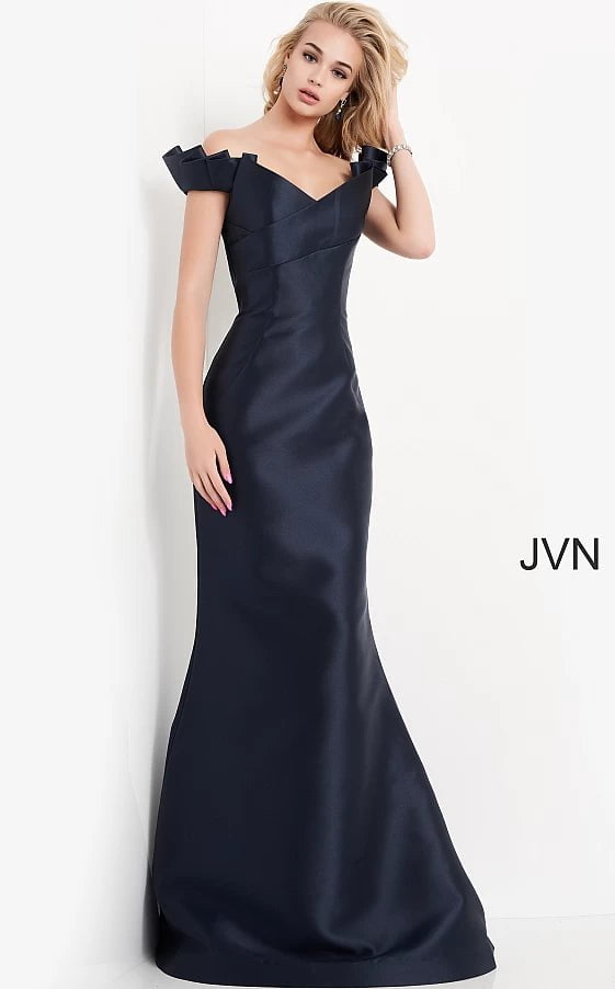 JVN by Jovani Prom Dress JVN04717 Navy Off the Shoulder Mermaid Prom Dress