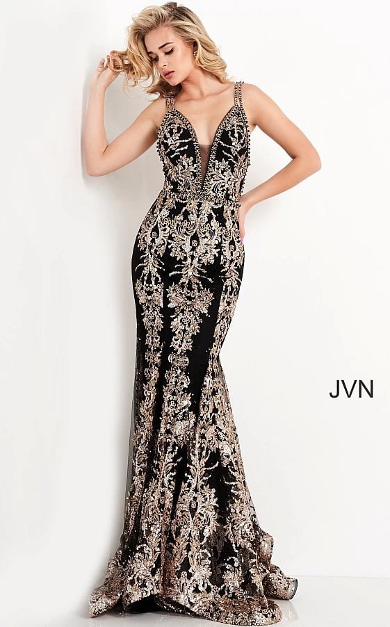 JVN by Jovani Prom Dress JVN04789 Black Gold Embellished Open Back Prom Dress