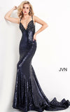 JVN by Jovani Prom Dress JVN05803 Navy Embroidered Tie Back Prom Dress