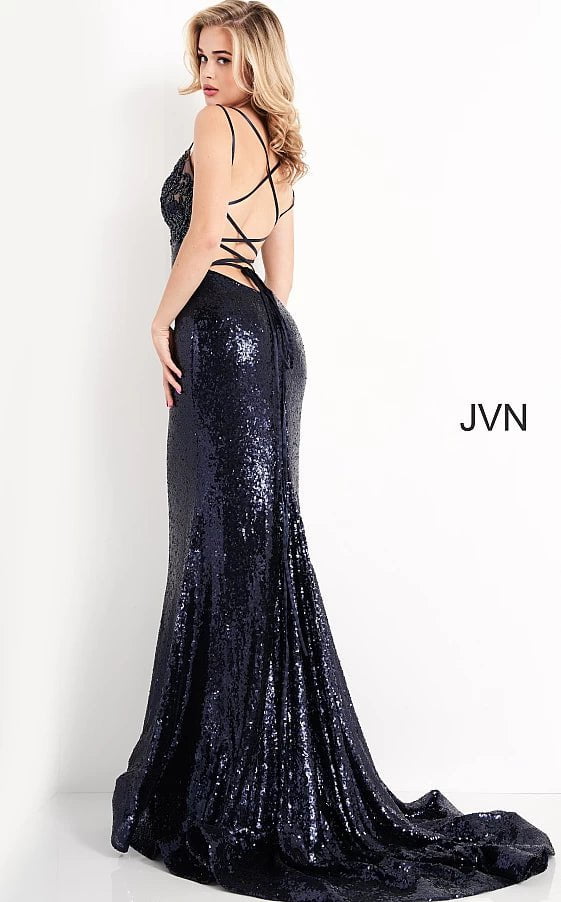 JVN by Jovani Prom Dress JVN05803 Navy Embroidered Tie Back Prom Dress