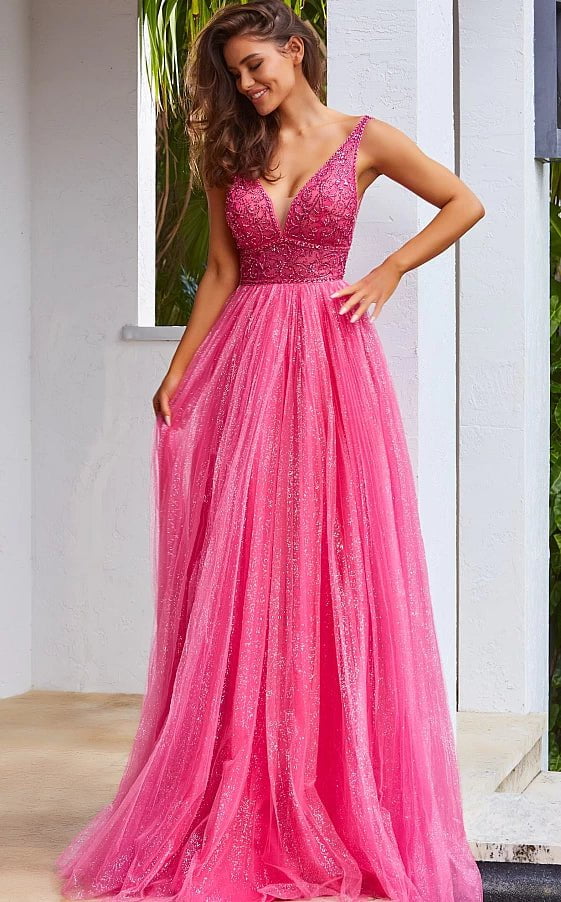 JVN by Jovani Prom Dress JVN05818 Fuchsia Tulle Skirt Sleeveless Prom Gown