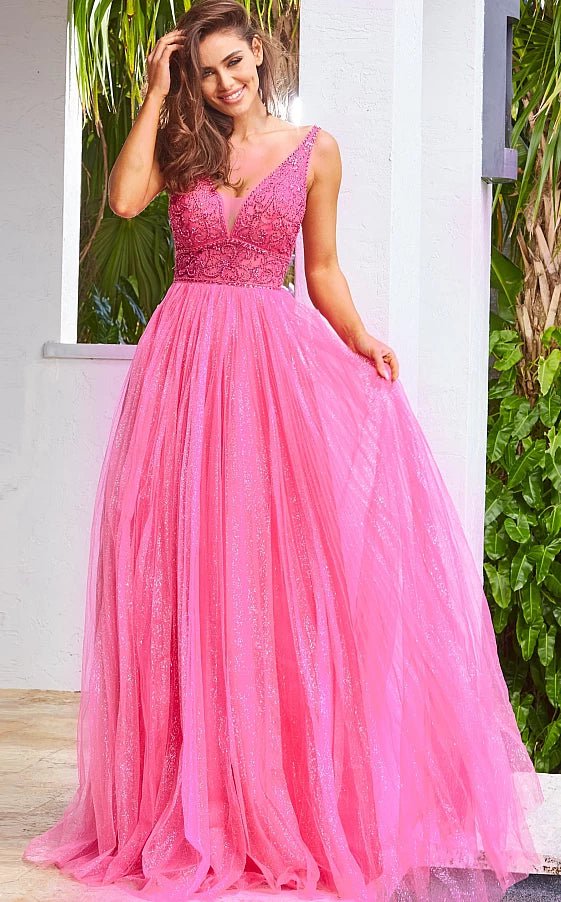 JVN by Jovani Prom Dress JVN05818 Fuchsia Tulle Skirt Sleeveless Prom Gown