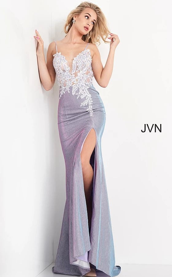 JVN06454 Lilac Embroidered Bodice Fitted Prom Dress