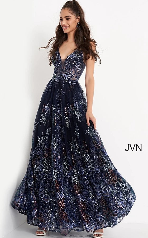 JVN by Jovani Prom Dress JVN06457 Navy Sheer Bodice Embellished Prom Dress