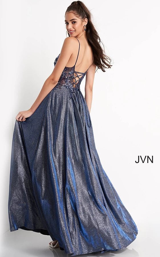 JVN by Jovani Prom Dress JVN06465 Royal Spaghetti Strap V Neck Prom Dress