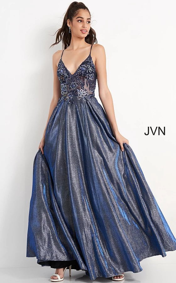 JVN by Jovani Prom Dress JVN06465 Royal Spaghetti Strap V Neck Prom Dress