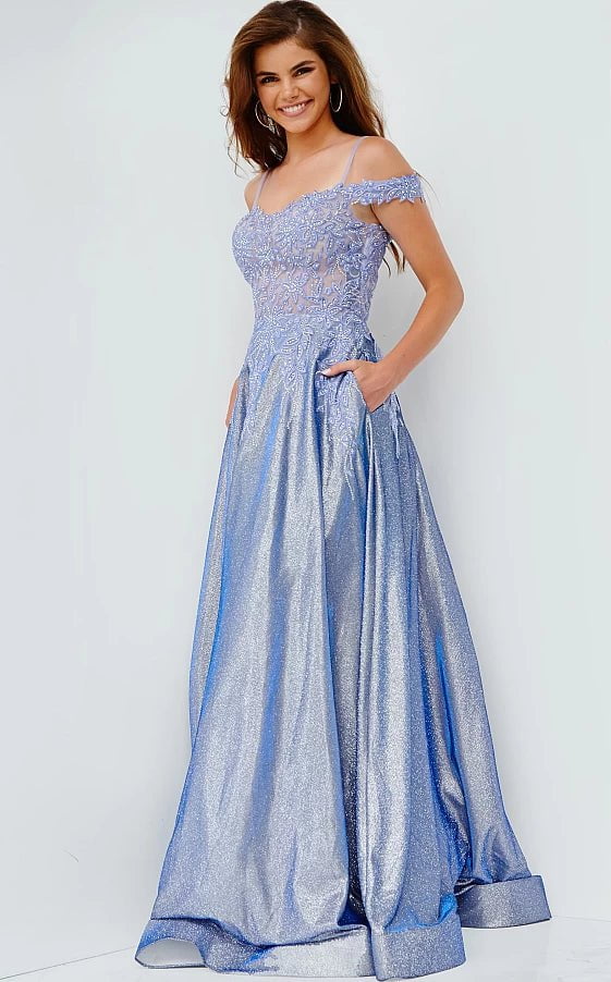 JVN by Jovani Prom Dress JVN06503 Perriwinkle Off the Shoulder A Line Prom Gown