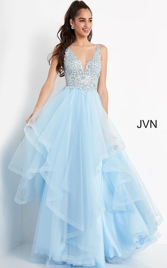 JVN by Jovani Prom Dress JVN06743 Sky Blue Embroidered Plunging Neck Prom Ballgown