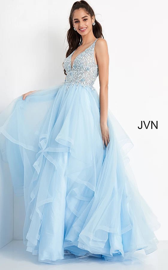 JVN by Jovani Prom Dress JVN06743 Sky Blue Embroidered Plunging Neck Prom Ballgown