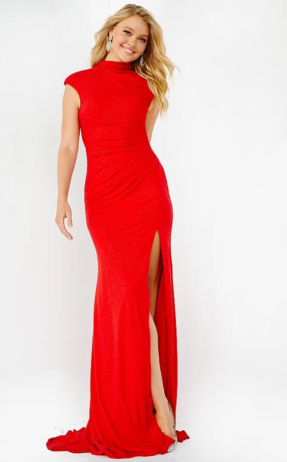 JVN by Jovani Prom Dress JVN06859 Red High Neck Glitter Jersey Prom Dress