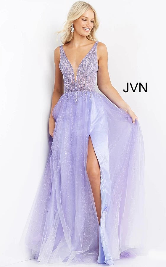 JVN07637  Light Blue Floral Embellished Tulle prom Ballgown