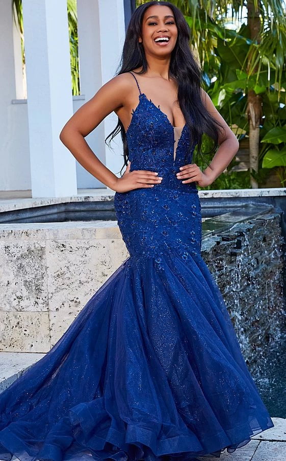 JVN by Jovani Prom Dress JVN07398 Navy Plunging Neckline Mermaid Prom Dress