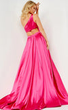 JVN by Jovani Prom Dress JVN07410 Fuchsia One Shoulder High Slit Satin Prom Gown