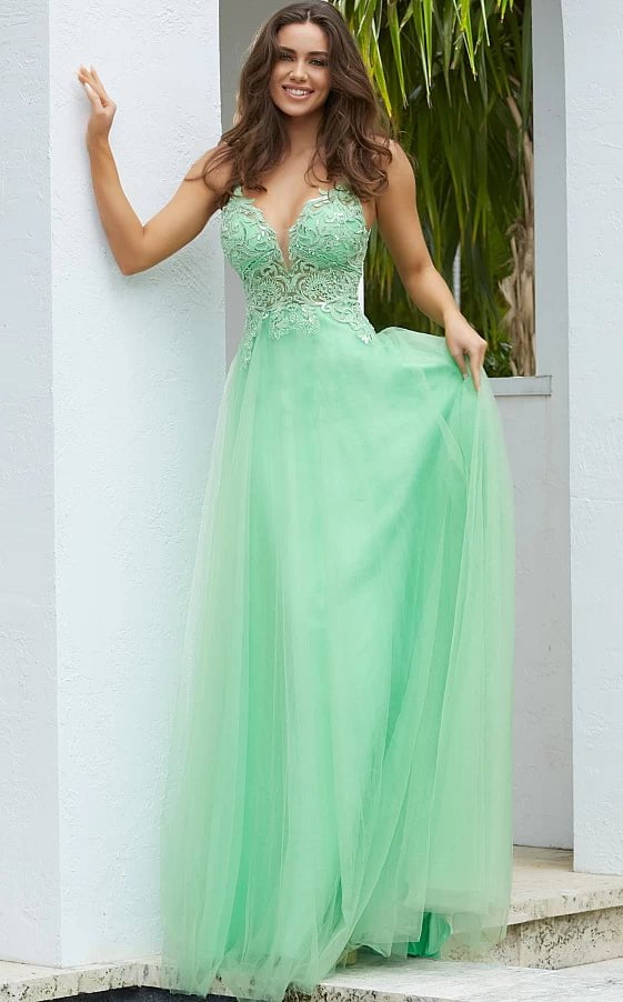 JVN by Jovani Prom Dress JVN07595 Lime Illusion Bodice Tulle Prom Gown