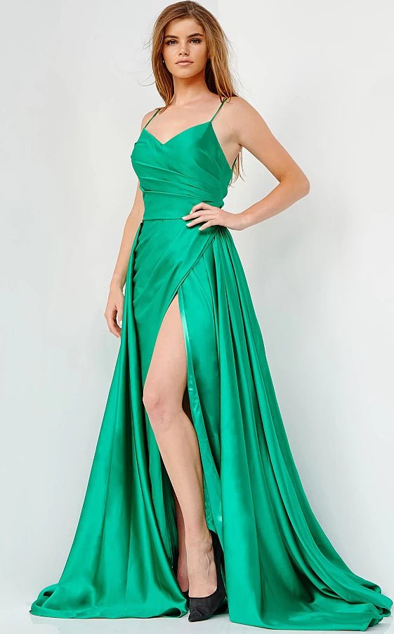JVN by Jovani Prom Dress JVN07800 Emerald Pleated Bodice Satin Prom Gown