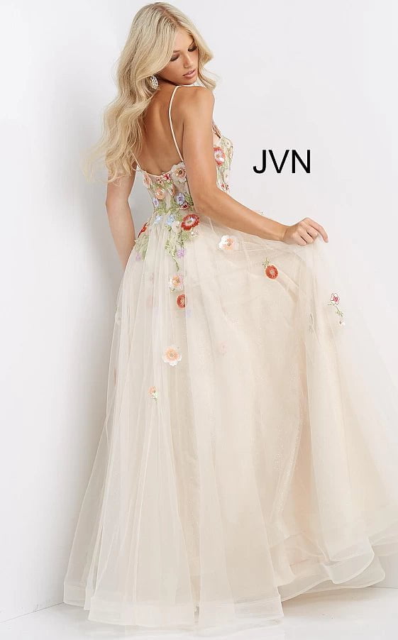 JVN by Jovani Prom Dress JVN08082 Nude Floral Appliques A Line Prom Gown