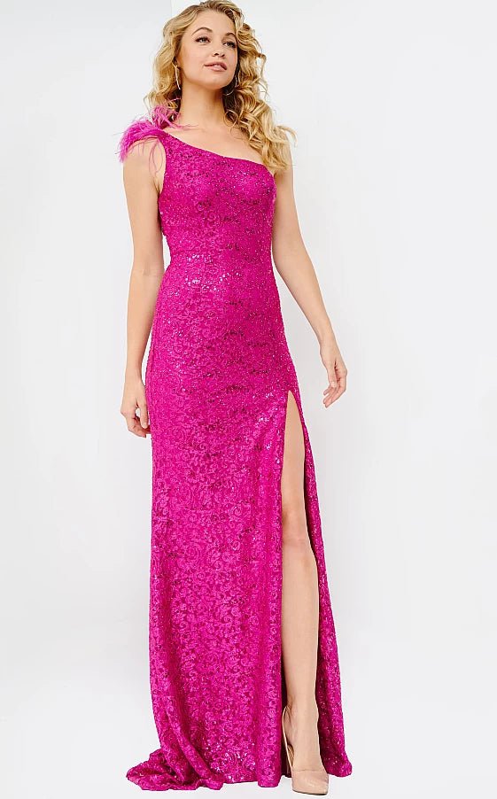 JVN by Jovani Prom Dress JVN08175 Fuchsia One Shoulder Lace Sheath Prom Dress