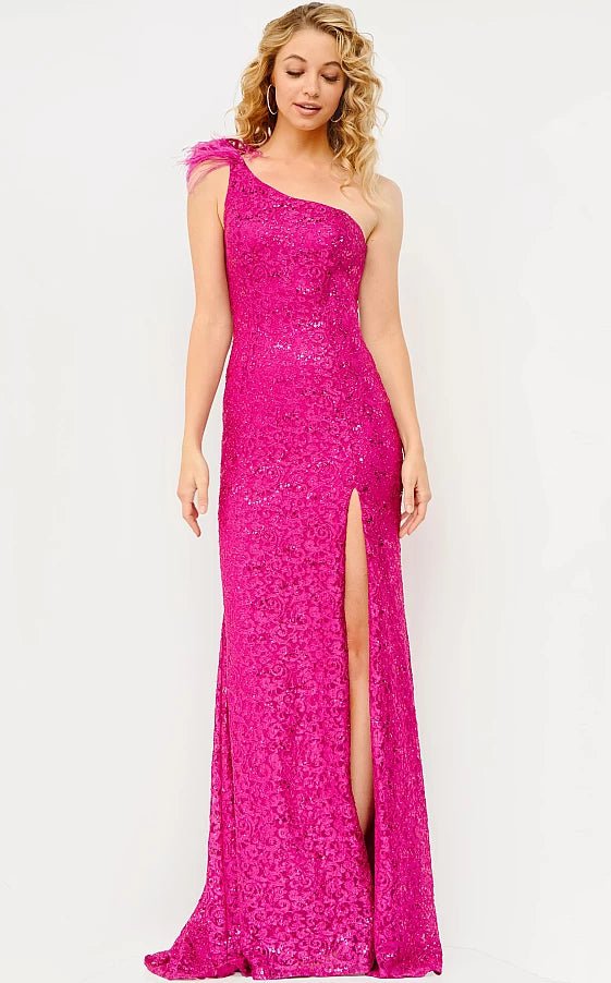 JVN by Jovani Prom Dress JVN08175 Fuchsia One Shoulder Lace Sheath Prom Dress