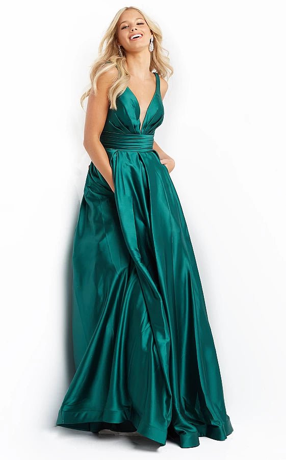 JVN by Jovani Prom Dress JVN08419 Emerald Pleated Bust Sleeveless Prom Ballgown