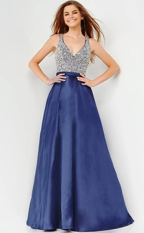 JVN by Jovani Prom Dress JVN08473 Navy Embellished Bodice V Neck Prom Ballgown