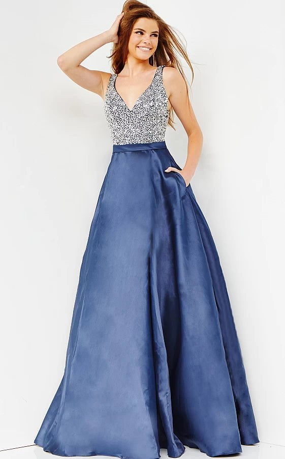 JVN by Jovani Prom Dress JVN08473 Navy Embellished Bodice V Neck Prom Ballgown