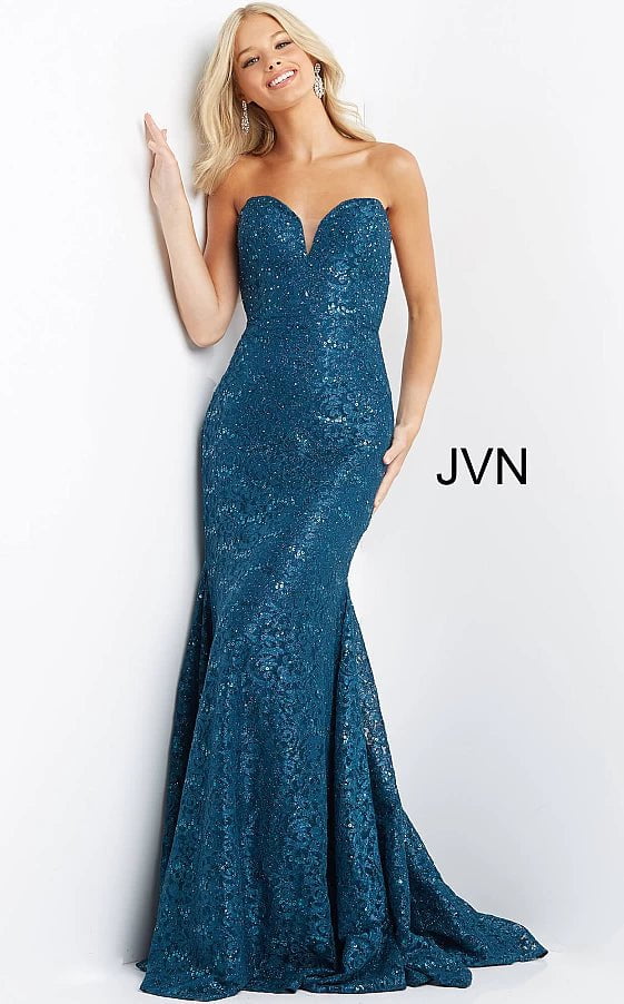 JVN by Jovani Prom Dress JVN08511 Peacock Lace Strapless Prom Dress