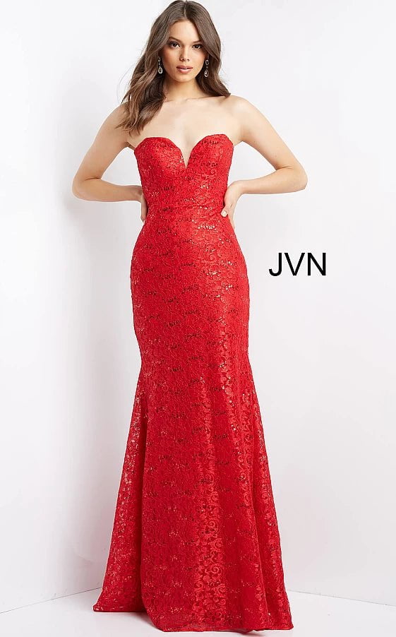 JVN by Jovani Prom Dress JVN08511 Peacock Lace Strapless Prom Dress