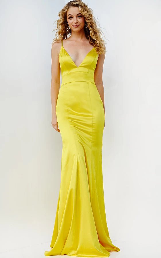 JVN by Jovani Prom Dress JVN08595 Yellow Simple Backless Satin Prom Dress