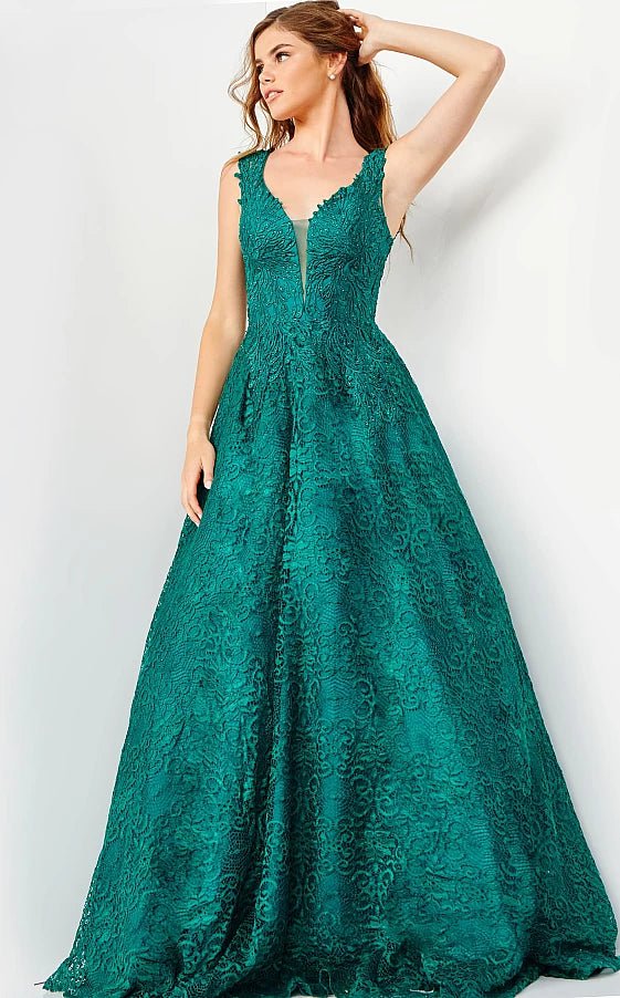 JVN by Jovani Prom Dress JVN09555 Emerald Plunging Neck Lace Prom Ballgown