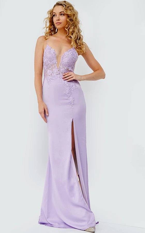 JVN by Jovani Prom Dress JVN23124 Lilac Embroidered Bodice Plunging Neck Prom Dress